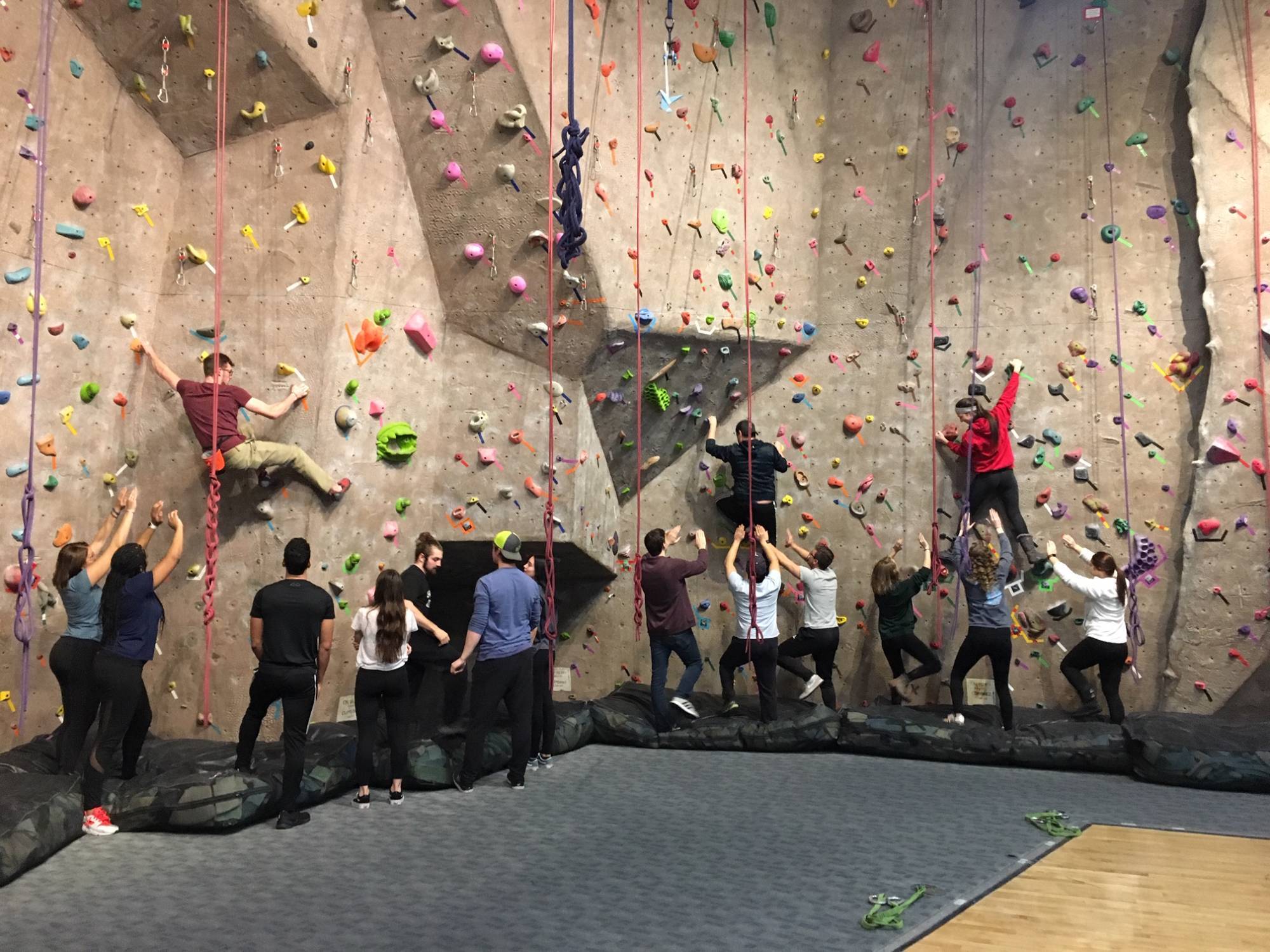 students of the FIT 128 class practicing spotting while bouldering